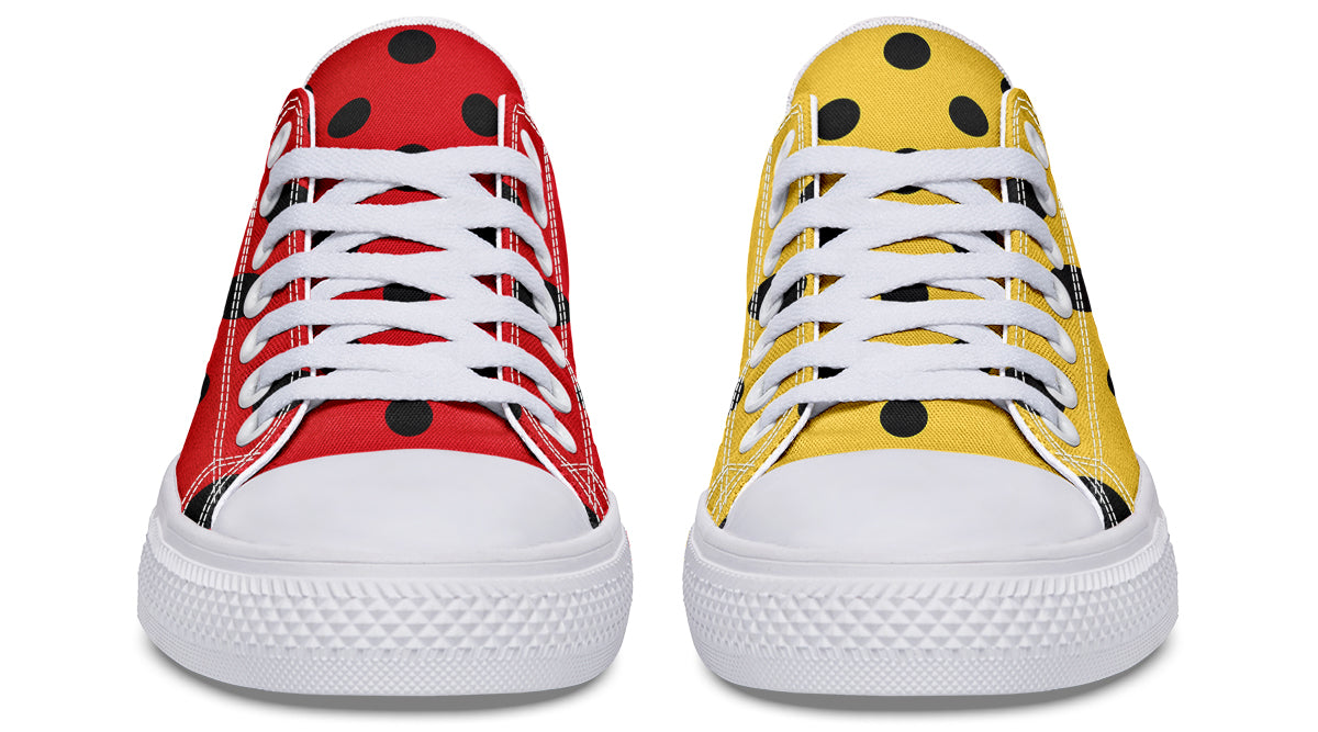 Red And Yellow Mismatched Polka Dot Low Tops (Wide)