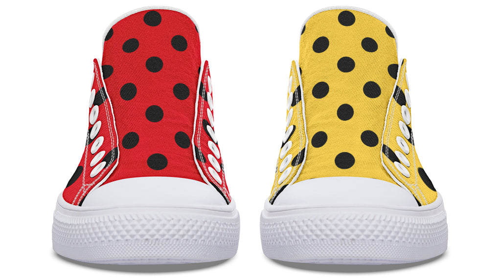 Red And Yellow Mismatched Polka Dot Low Tops (Wide)