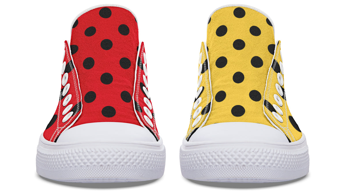 Red And Yellow Mismatched Polka Dot Low Tops (Wide)