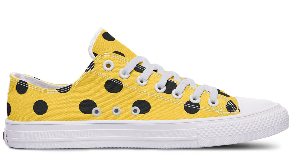 Red And Yellow Mismatched Polka Dot Low Tops (Wide)