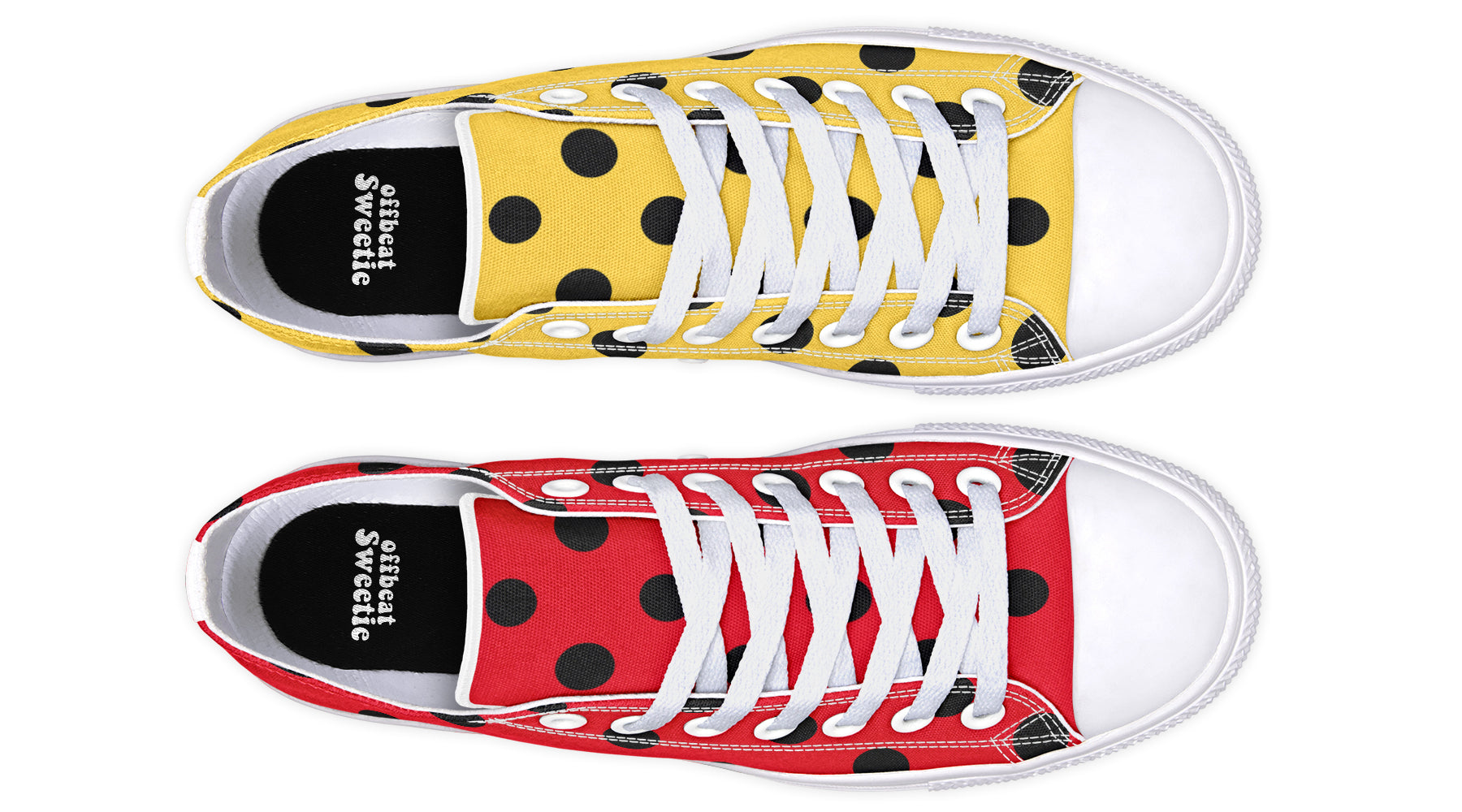 Red And Yellow Mismatched Polka Dot Low Tops (Wide)