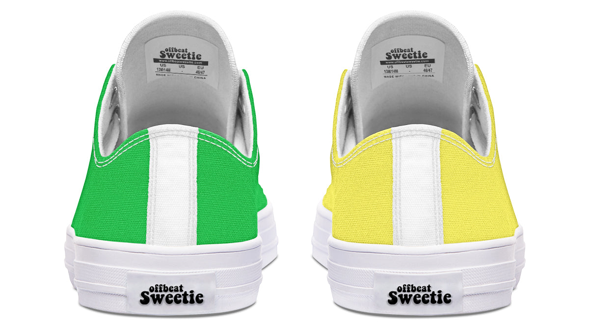 Yellow And Green Mismatched Low Tops - Offbeat Sweetie
