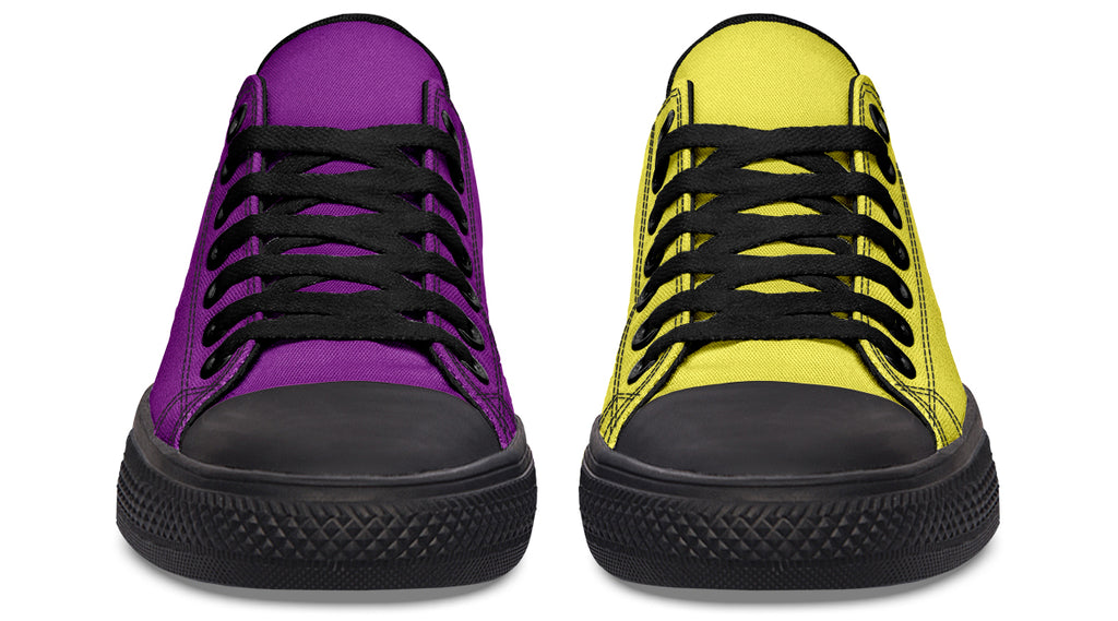 Yellow And Purple Mismatched Low Tops - Offbeat Sweetie