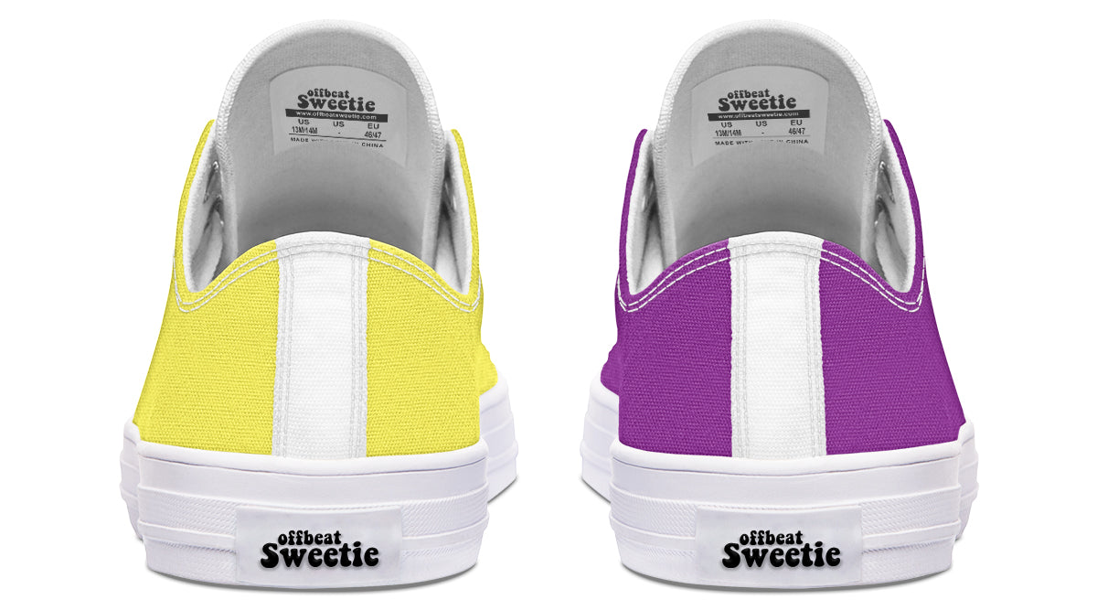 Yellow And Purple Mismatched Low Tops - Offbeat Sweetie