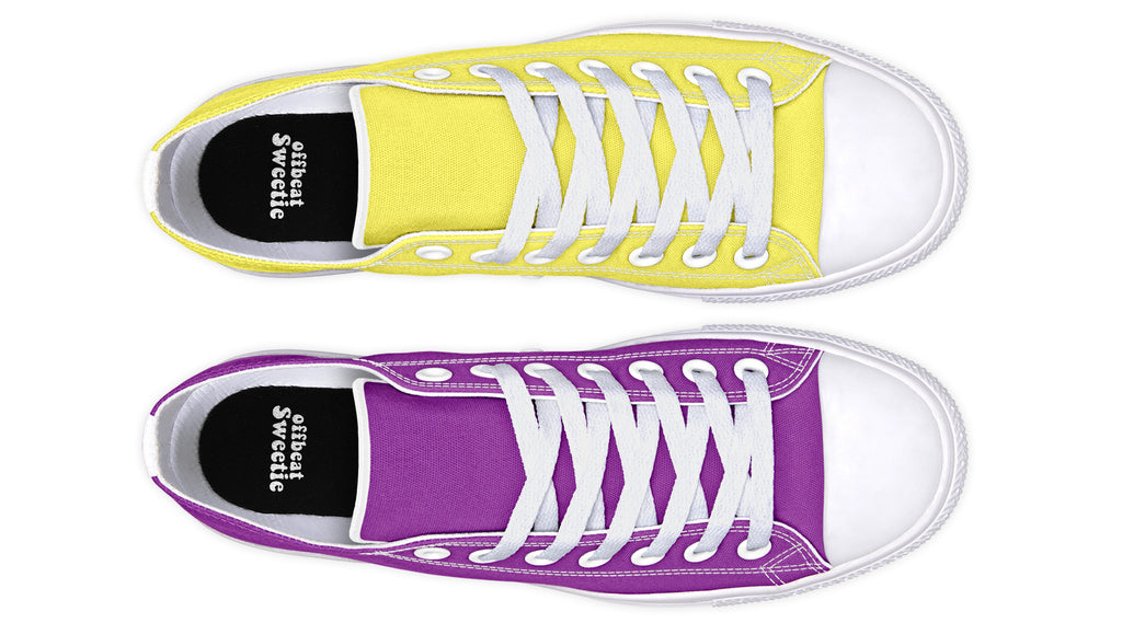 Yellow And Purple Mismatched Low Tops - Offbeat Sweetie