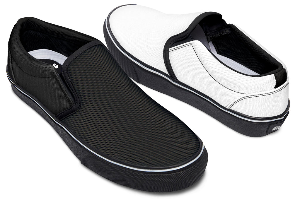 Black and White Mismatch Slip Ons