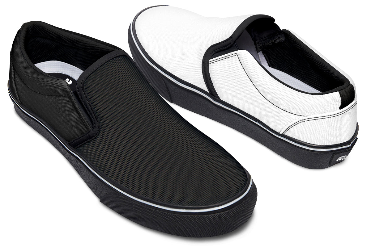 Black and White Mismatch Slip Ons