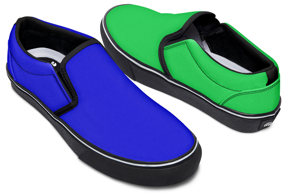 Blue and Green Mismatch Slip Ons
