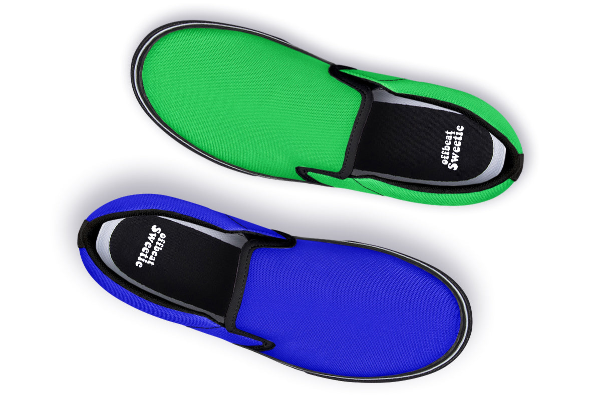 Blue and Green Mismatch Slip Ons