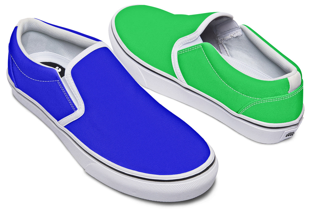 Blue and Green Mismatch Slip Ons