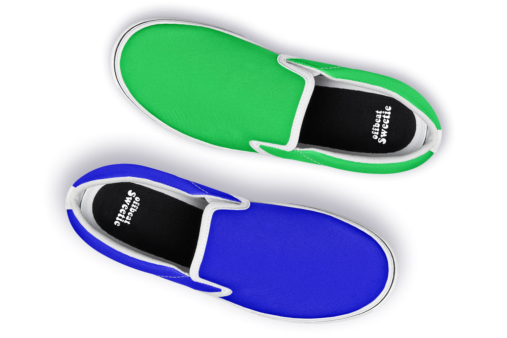 Blue and Green Mismatch Slip Ons