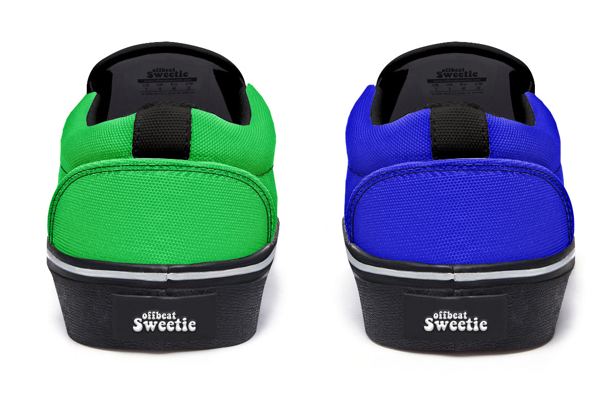 Blue and Green Mismatch Slip Ons