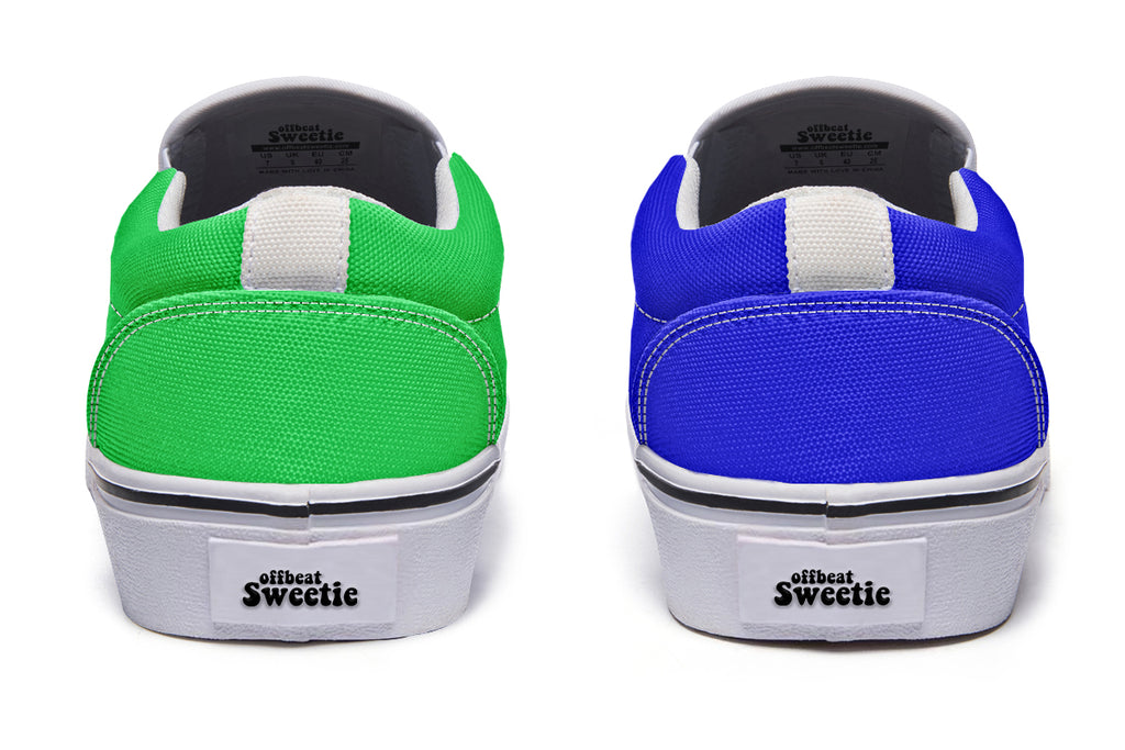 Blue and Green Mismatch Slip Ons