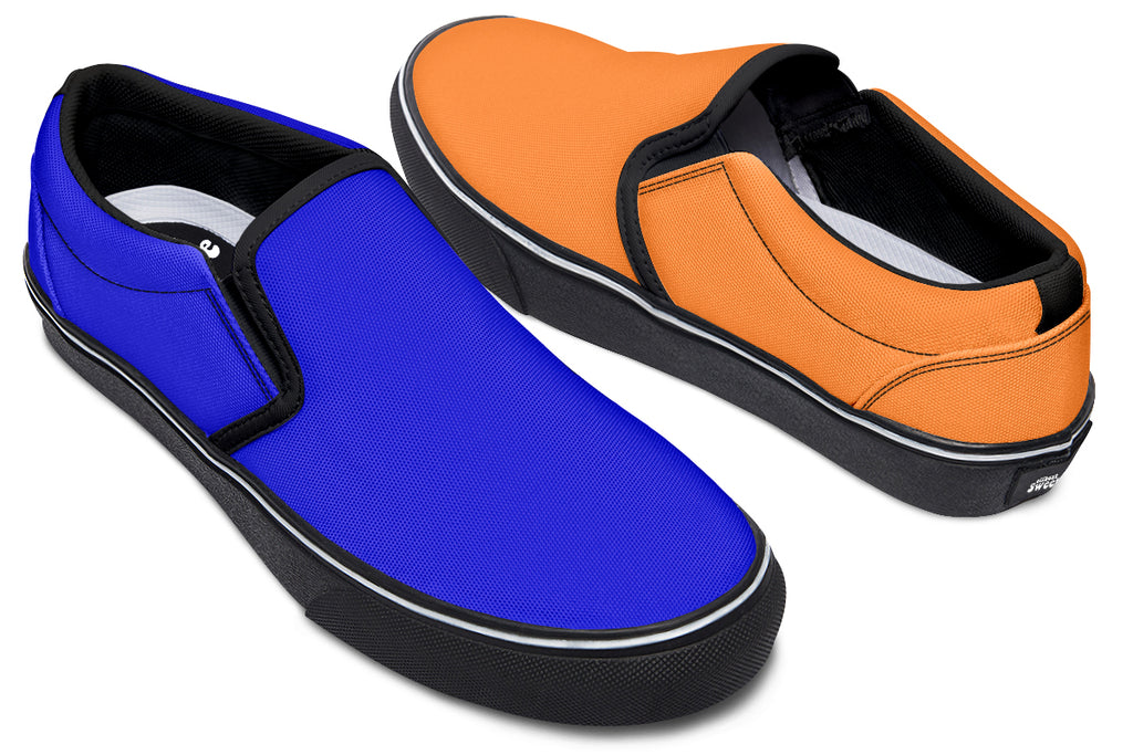 Blue and Orange Mismatch Slip Ons