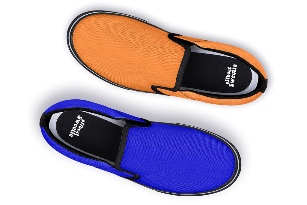 Blue and Orange Mismatch Slip Ons