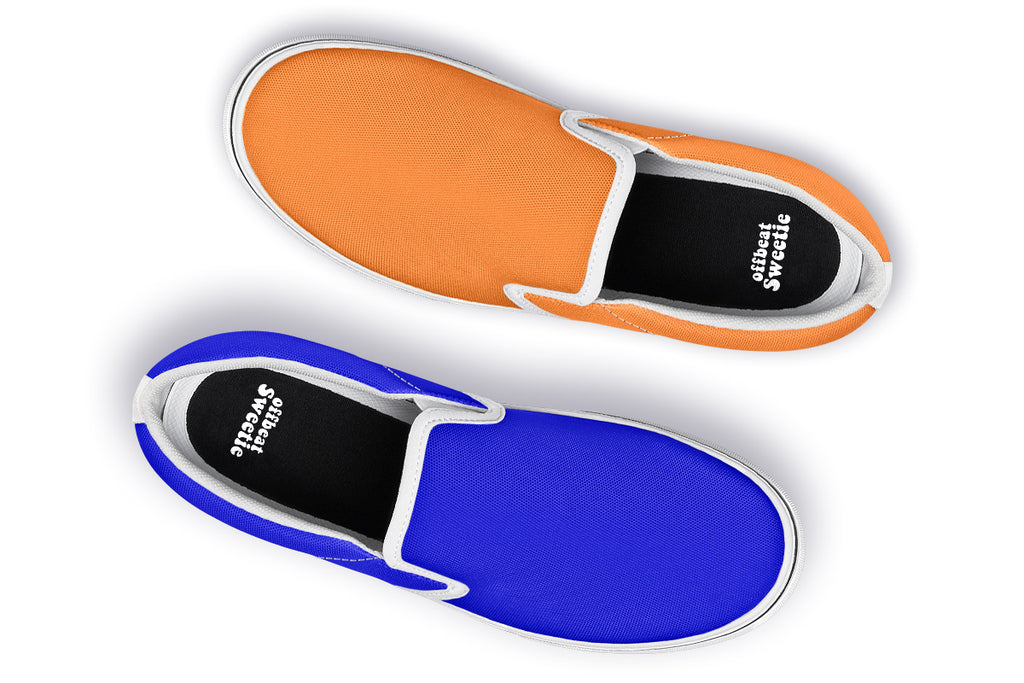 Blue and Orange Mismatch Slip Ons