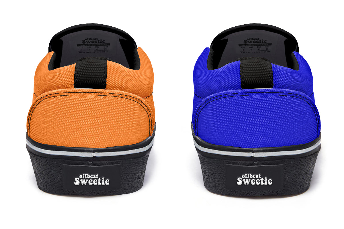 Blue and Orange Mismatch Slip Ons