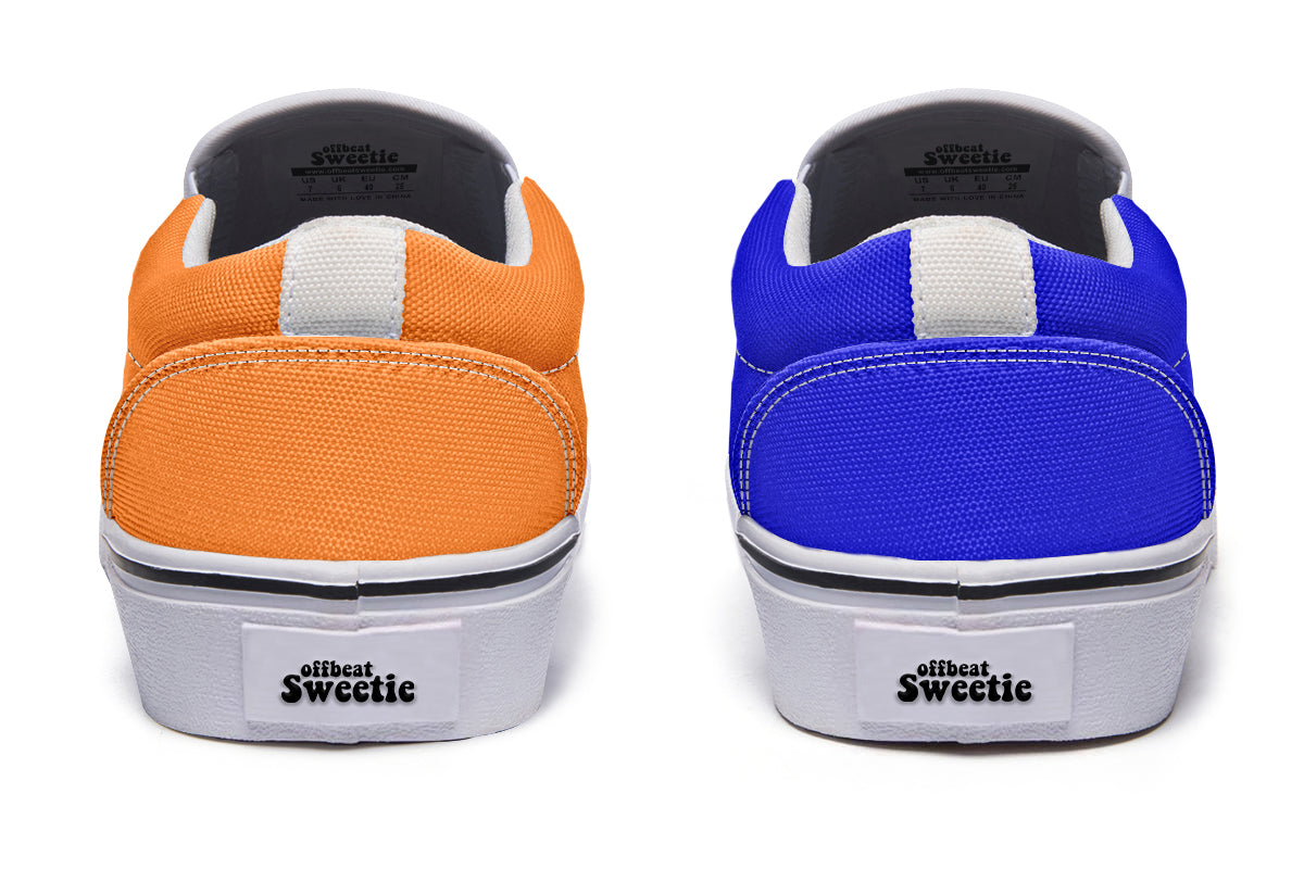 Blue and Orange Mismatch Slip Ons