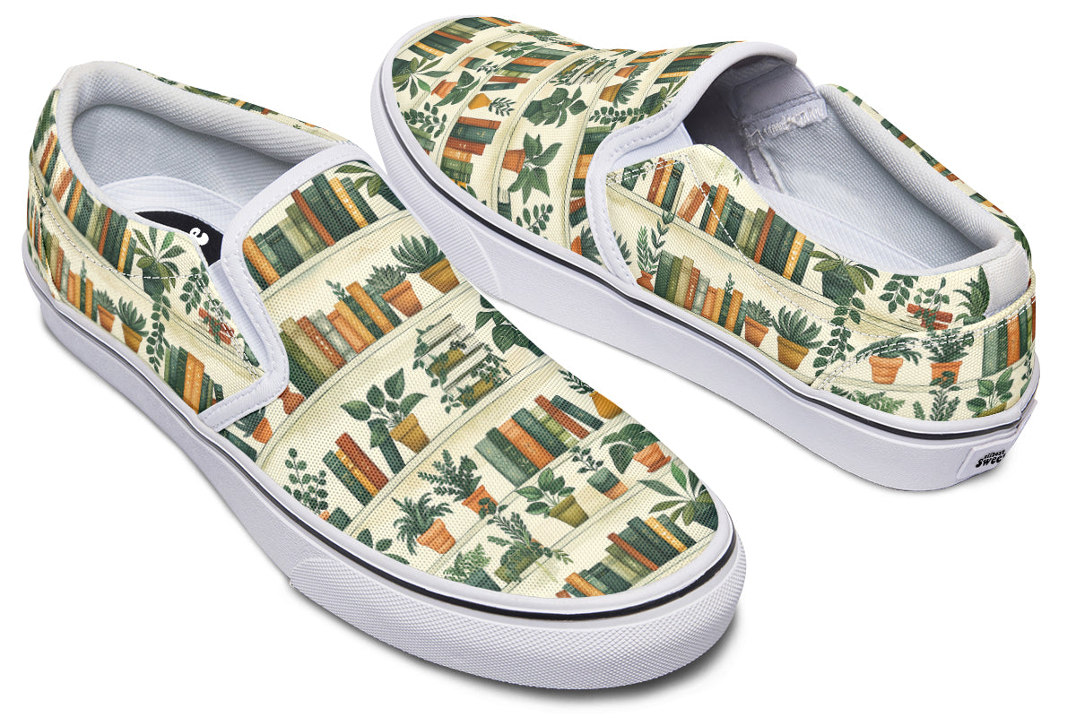 Books And Plants Slip Ons - Offbeat Sweetie