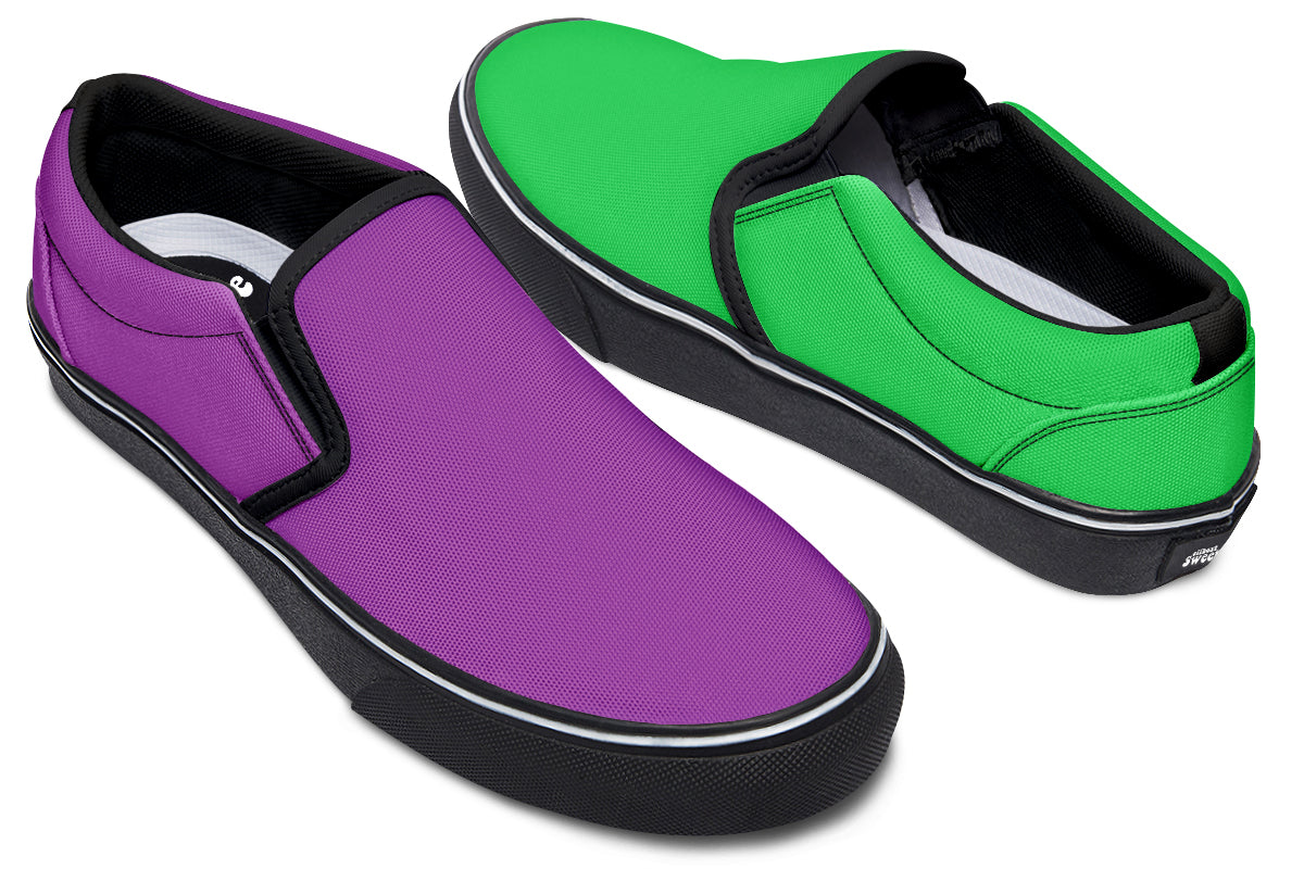 Green And Purple Mismatch Slip Ons - Offbeat Sweetie