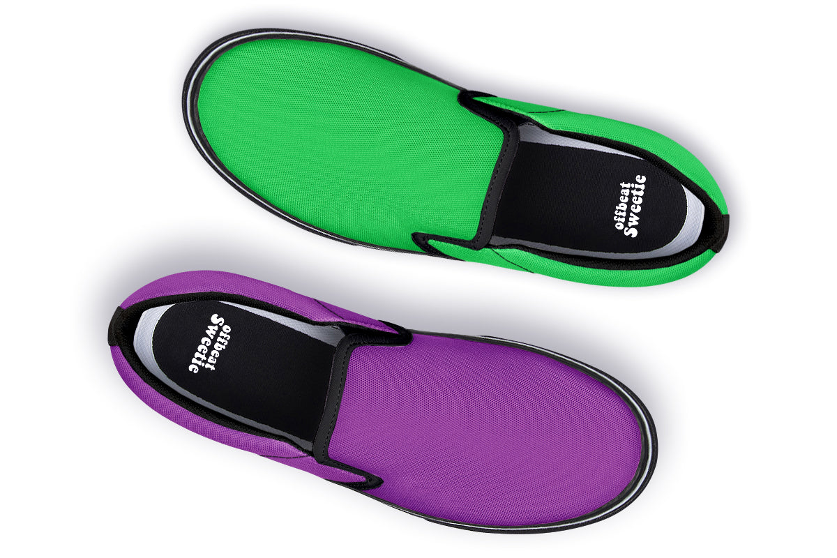 Green And Purple Mismatch Slip Ons - Offbeat Sweetie