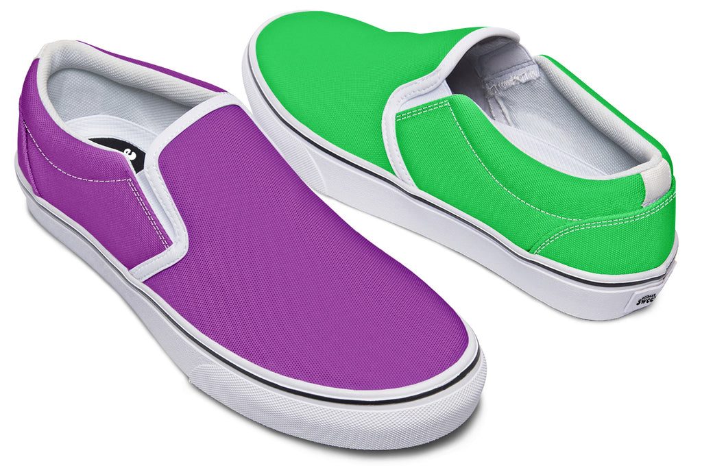 Green And Purple Mismatch Slip Ons - Offbeat Sweetie