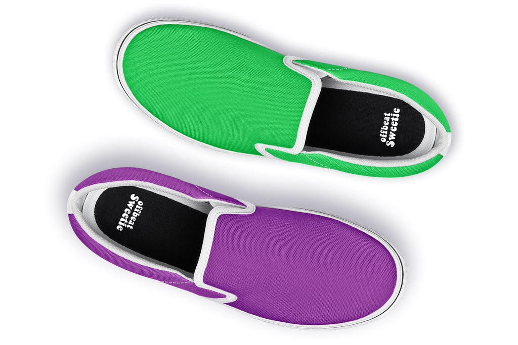 Green And Purple Mismatch Slip Ons - Offbeat Sweetie