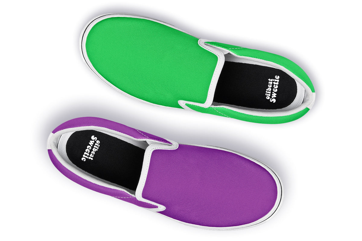 Green And Purple Mismatch Slip Ons - Offbeat Sweetie