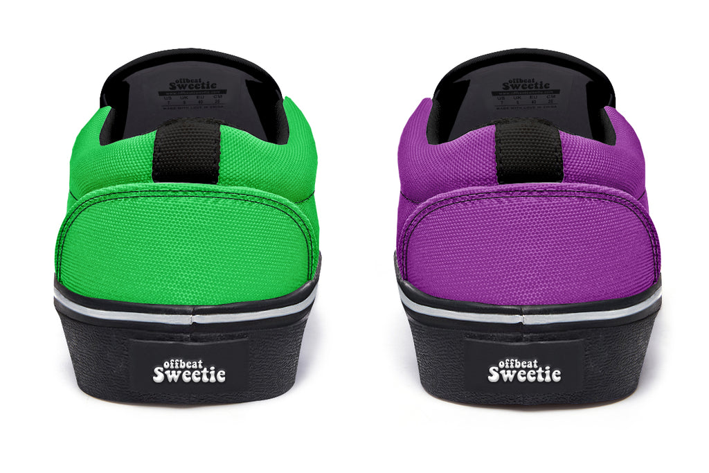 Green And Purple Mismatch Slip Ons - Offbeat Sweetie