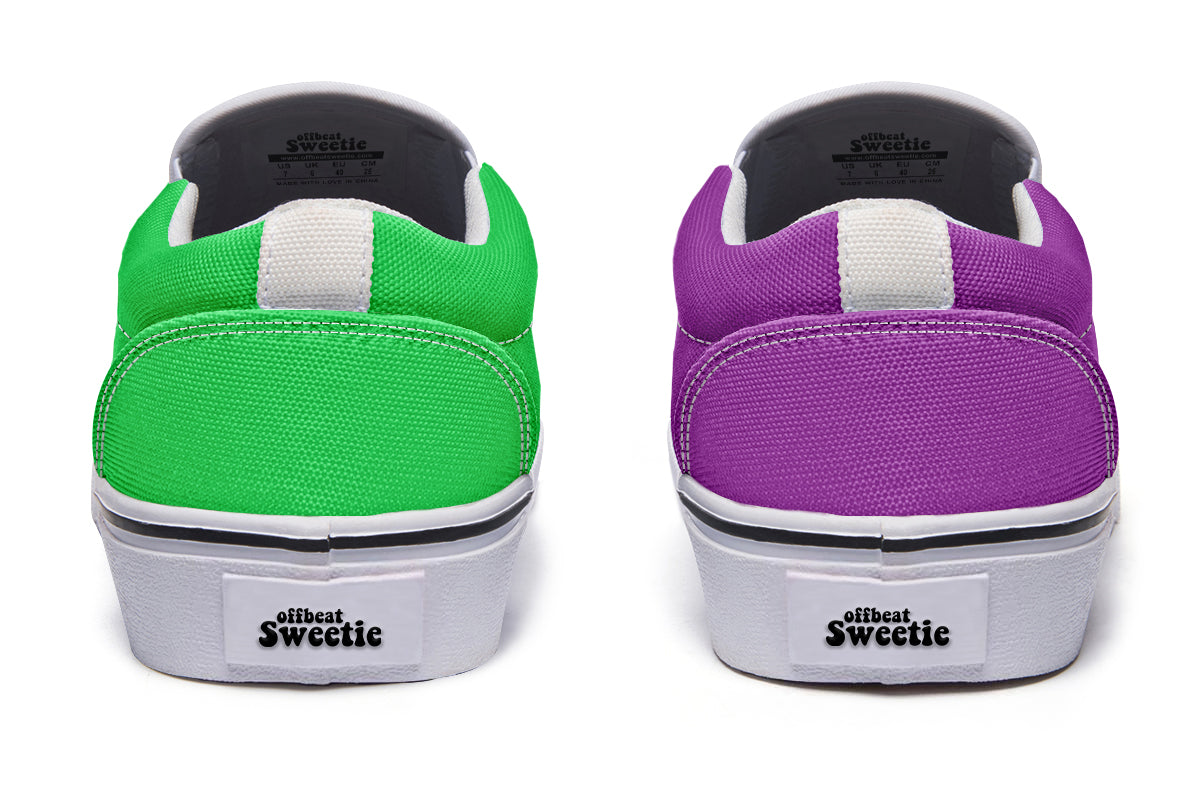 Green And Purple Mismatch Slip Ons - Offbeat Sweetie