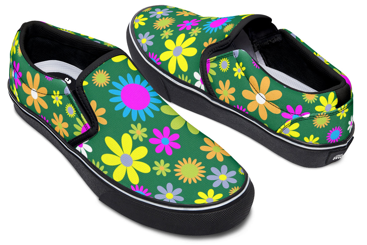 Green Retro Flowers Slip Ons - Offbeat Sweetie