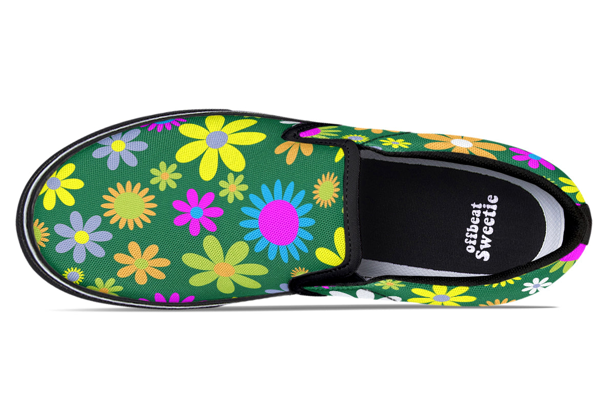 Green Retro Flowers Slip Ons - Offbeat Sweetie