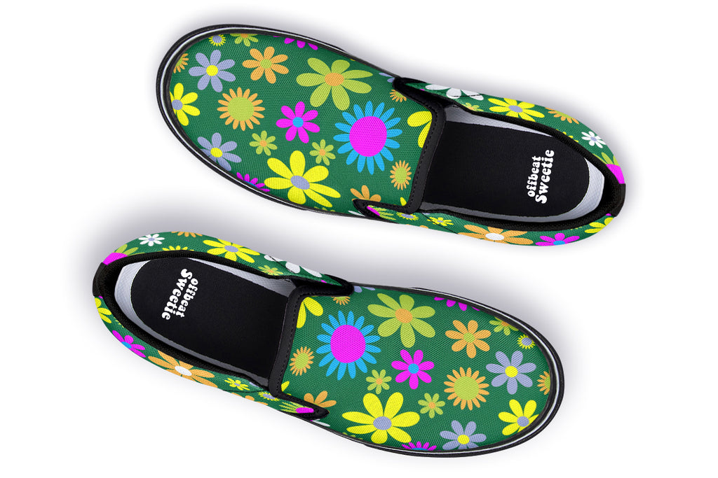 Green Retro Flowers Slip Ons - Offbeat Sweetie