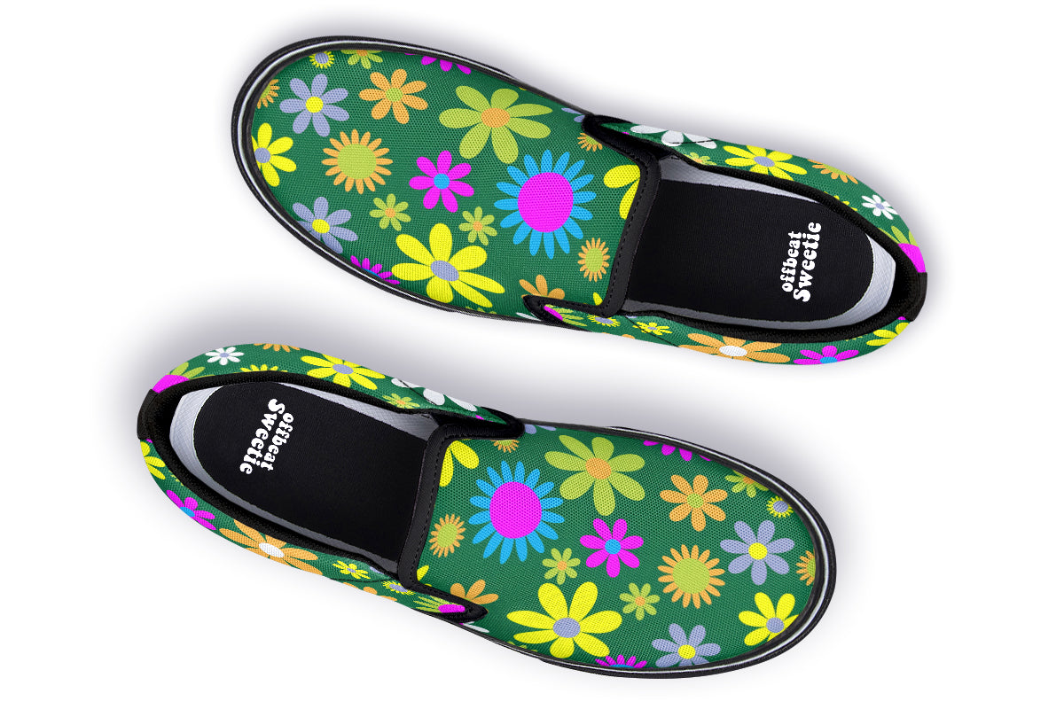 Green Retro Flowers Slip Ons - Offbeat Sweetie