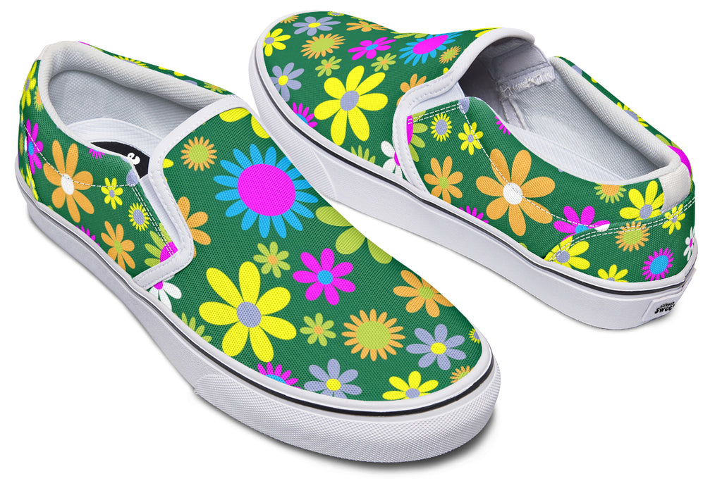 Green Retro Flowers Slip Ons - Offbeat Sweetie