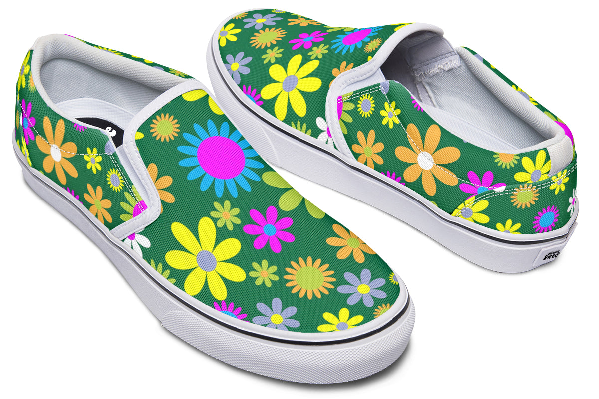 Green Retro Flowers Slip Ons - Offbeat Sweetie