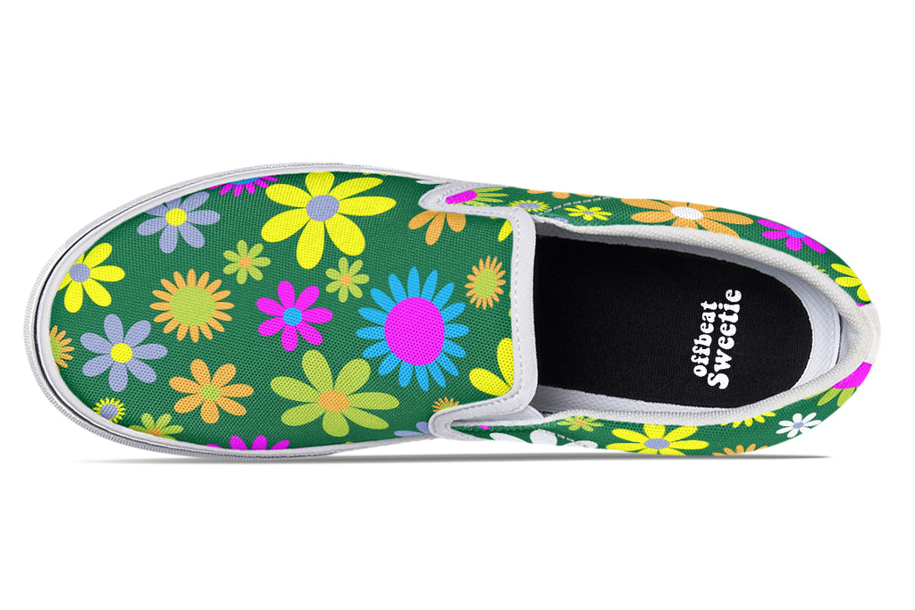 Green Retro Flowers Slip Ons - Offbeat Sweetie