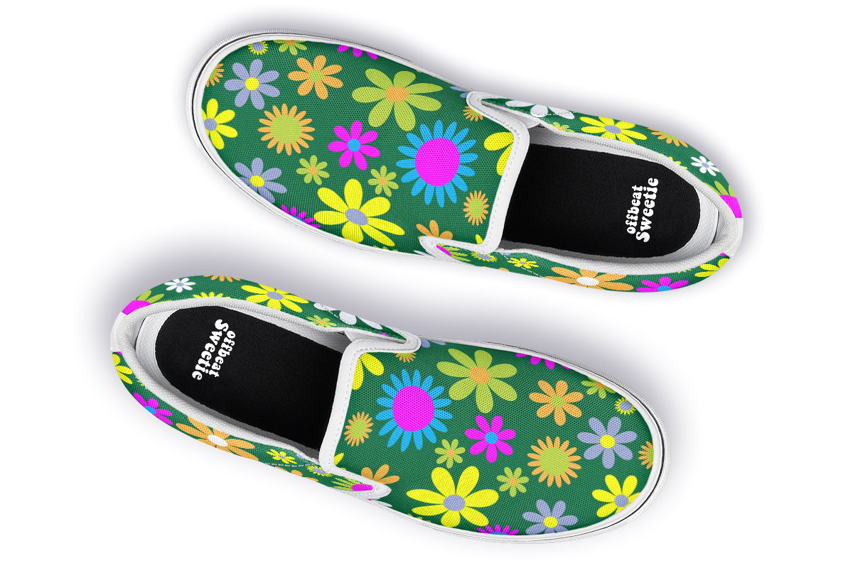 Green Retro Flowers Slip Ons - Offbeat Sweetie