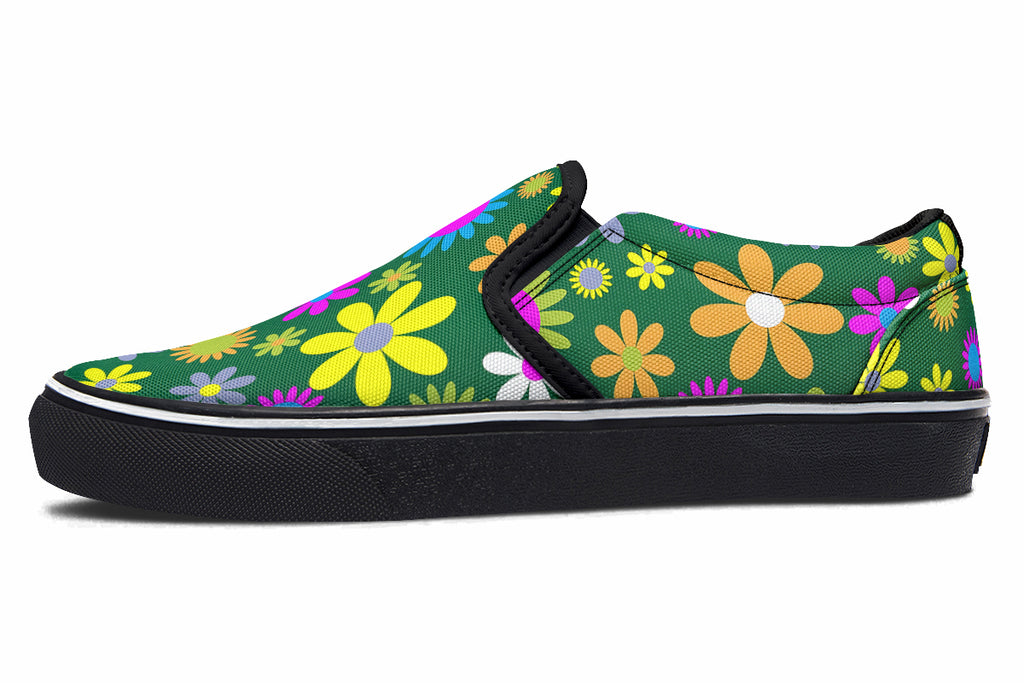 Green Retro Flowers Slip Ons - Offbeat Sweetie