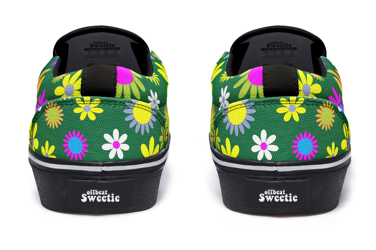 Green Retro Flowers Slip Ons - Offbeat Sweetie