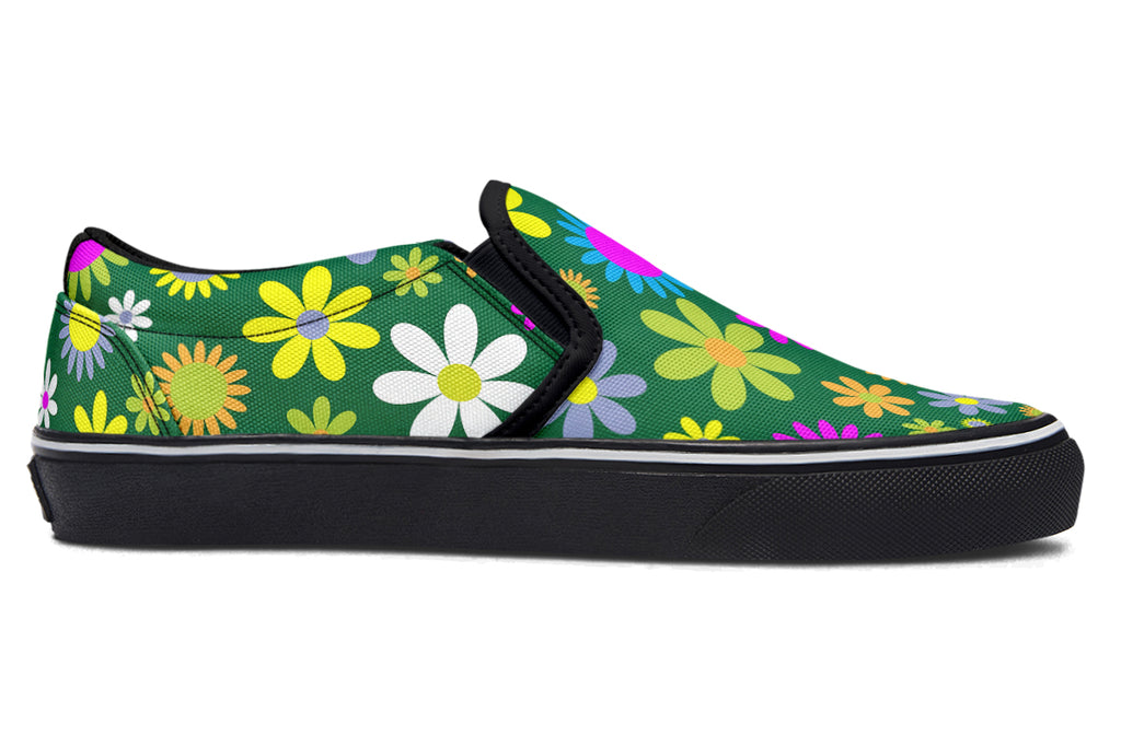 Green Retro Flowers Slip Ons - Offbeat Sweetie