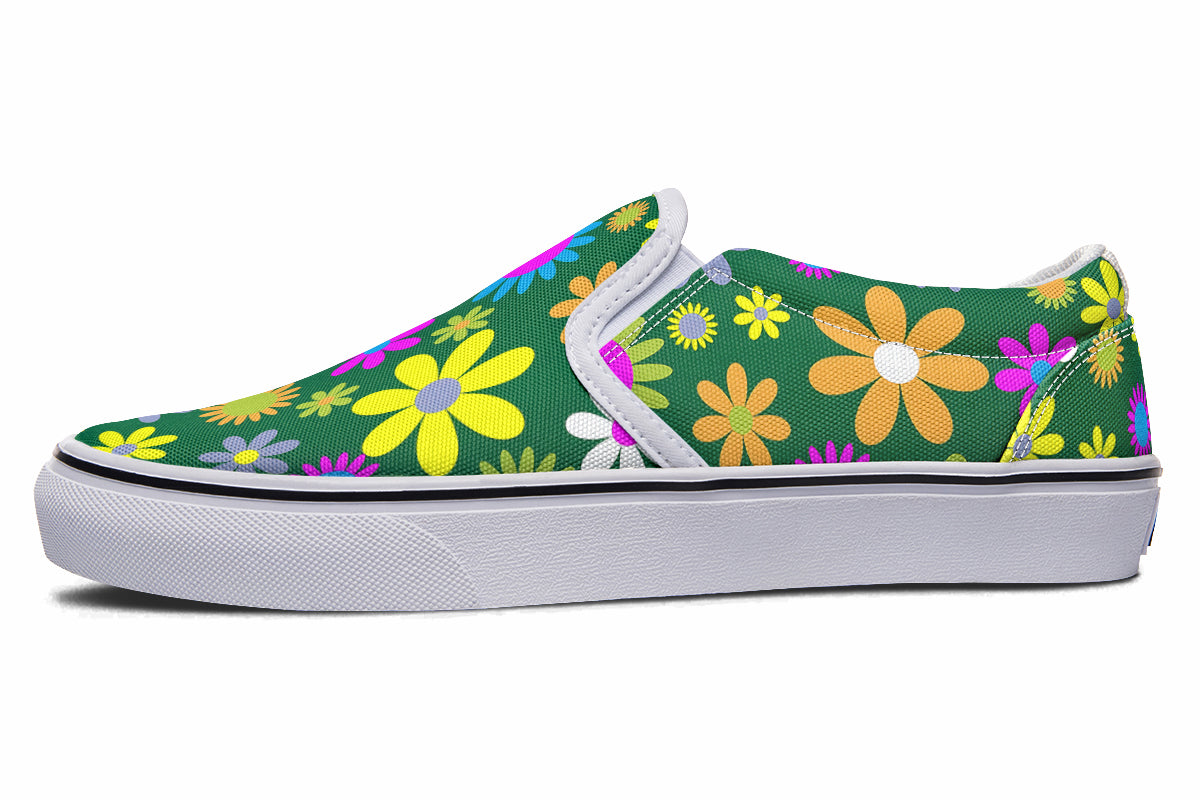 Green Retro Flowers Slip Ons - Offbeat Sweetie