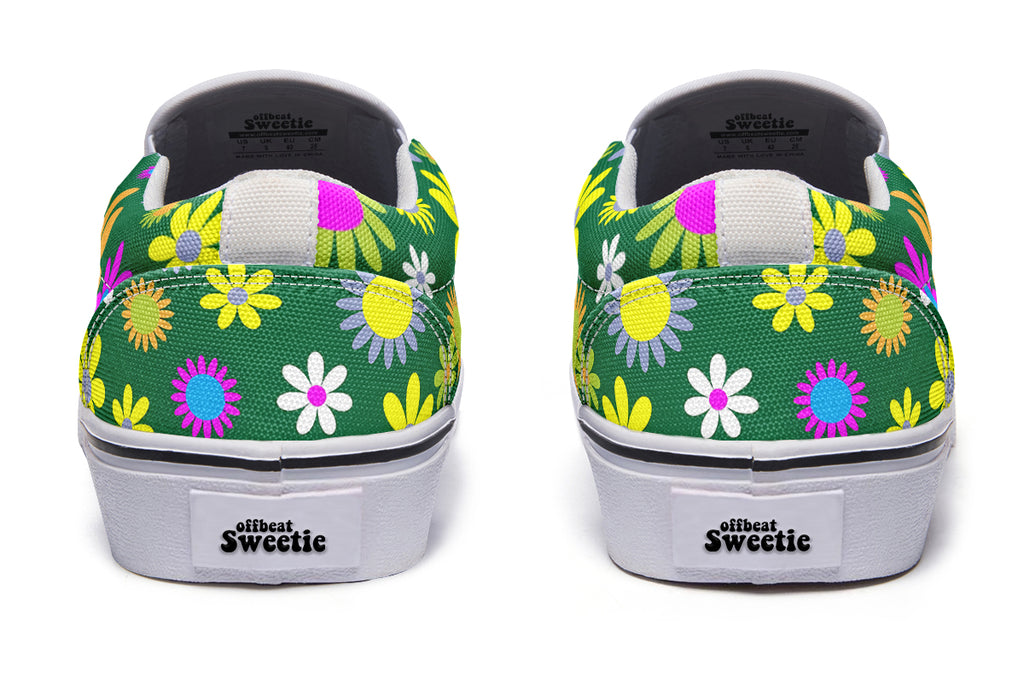 Green Retro Flowers Slip Ons - Offbeat Sweetie