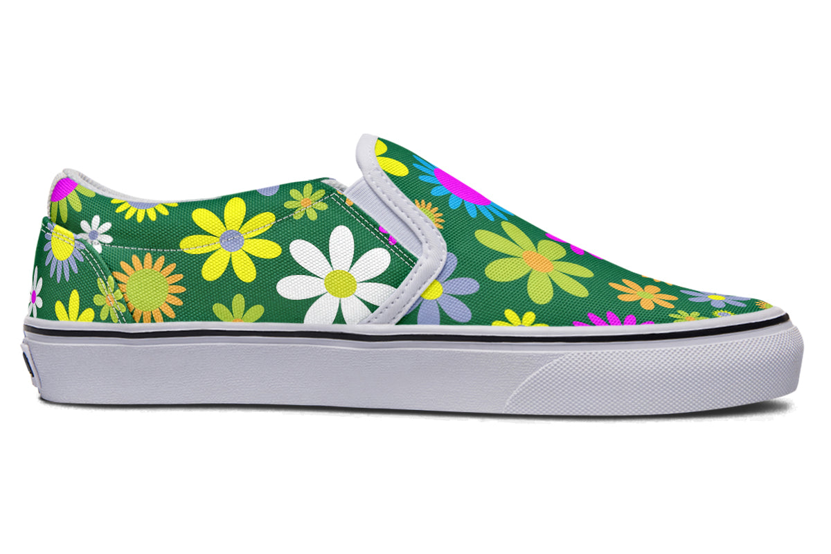 Green Retro Flowers Slip Ons - Offbeat Sweetie
