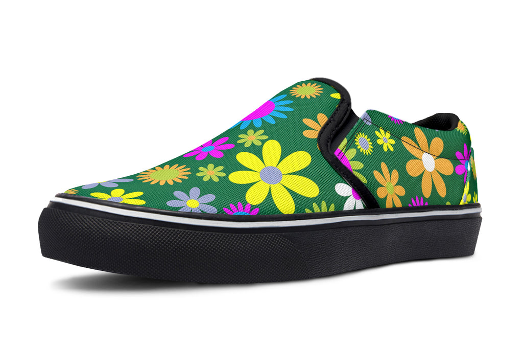Green Retro Flowers Slip Ons - Offbeat Sweetie