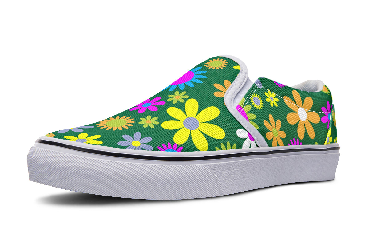 Green Retro Flowers Slip Ons - Offbeat Sweetie