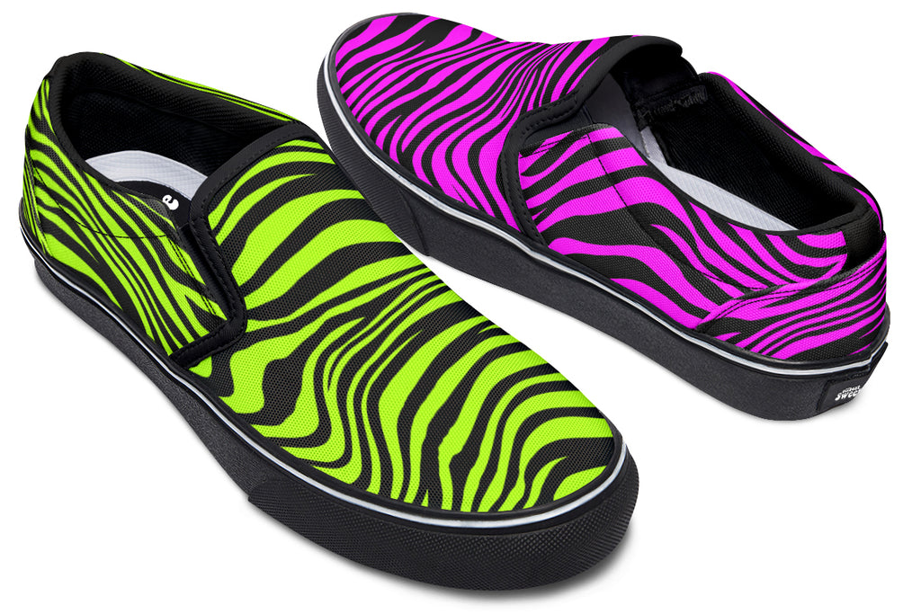 Green and Fuchsia Mismatched Neon Zebra Slip Ons