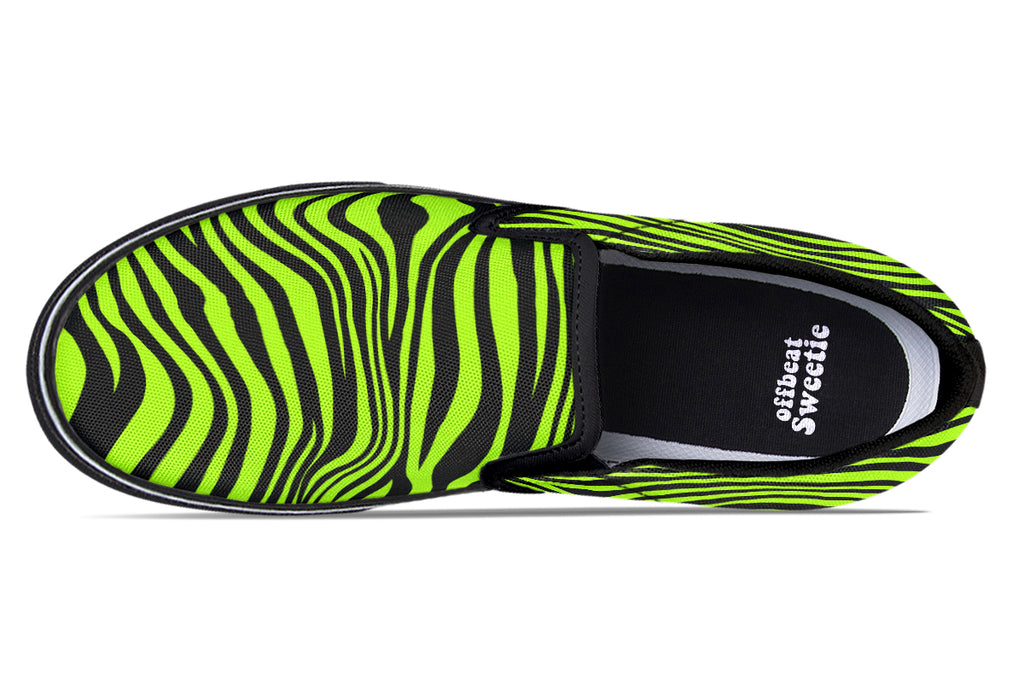 Green and Fuchsia Mismatched Neon Zebra Slip Ons