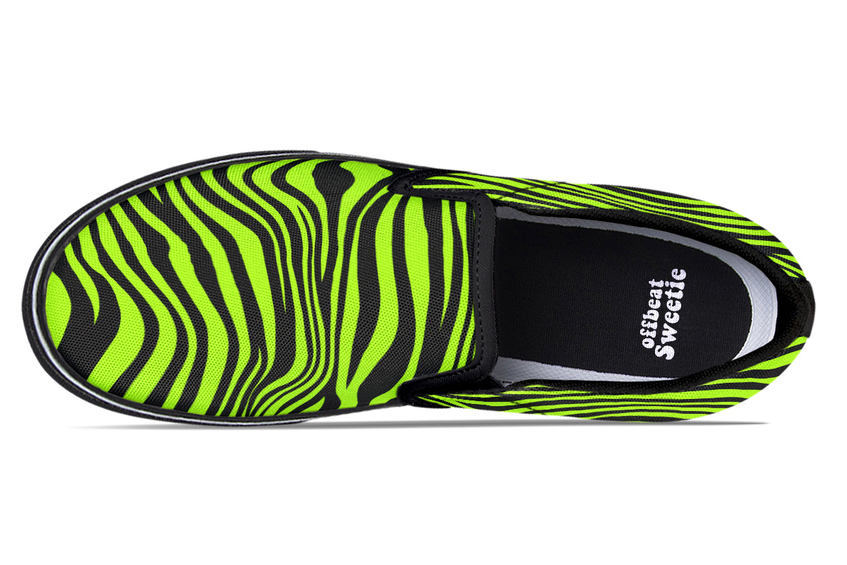 Green and Fuchsia Mismatched Neon Zebra Slip Ons