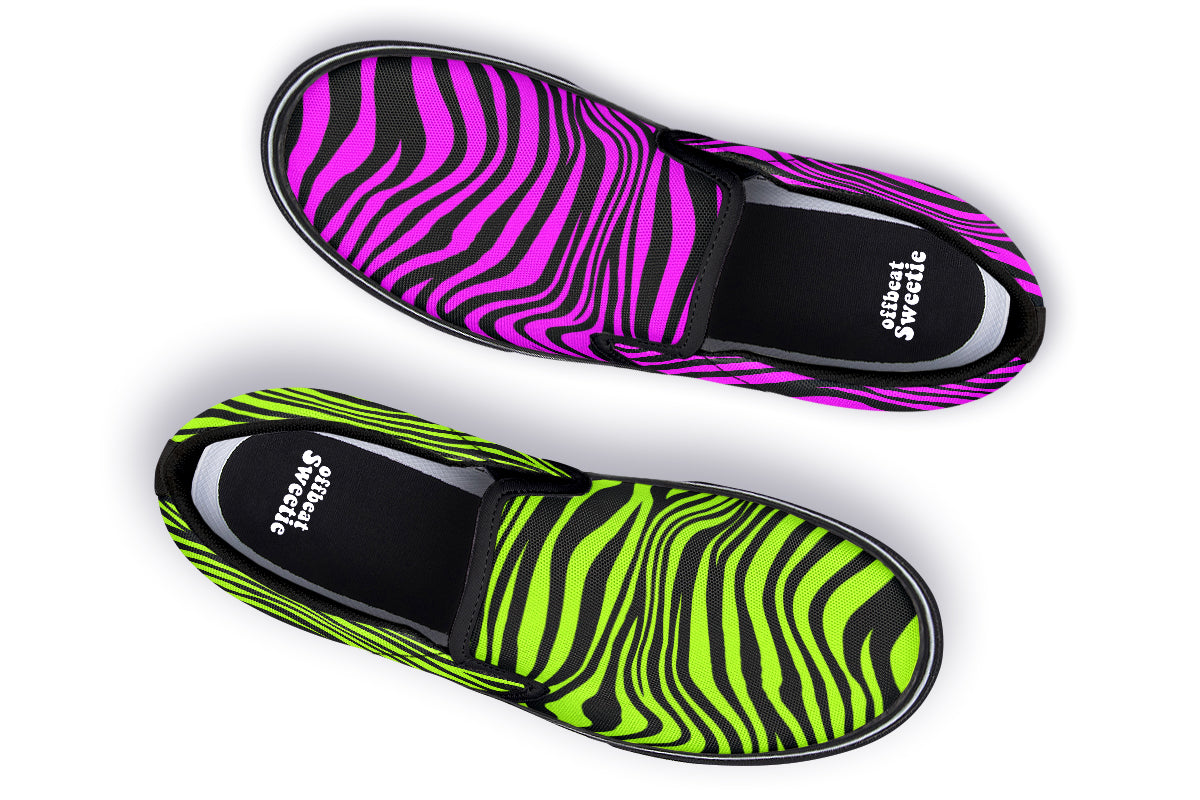 Green and Fuchsia Mismatched Neon Zebra Slip Ons